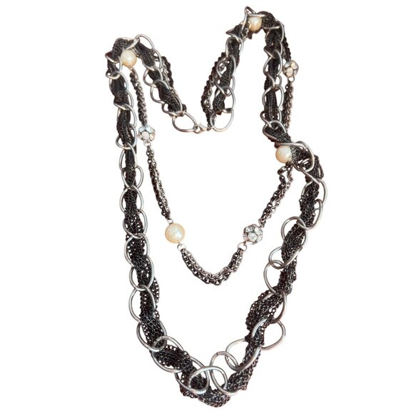 Layered Black Silver Tone Chain Necklace Faux Pearls Rhinestone Beads 26" - Picture 1 of 4